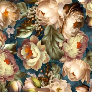 Baroque bold moody floral flower garden with english roses, bold peonies, lush antiqued flemish flowers