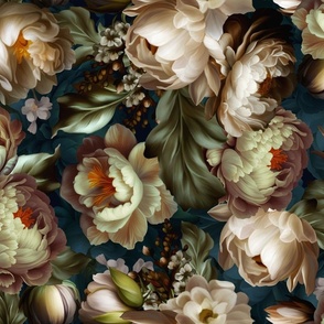 Baroque bold moody floral flower garden with english roses, bold peonies, lush antiqued flemish flowers