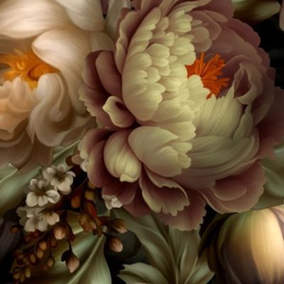 Baroque bold moody floral flower garden with english roses, bold peonies, lush antiqued flemish flowers