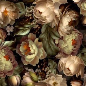 Baroque bold moody floral flower garden with english roses, bold peonies, lush antiqued flemish flowers