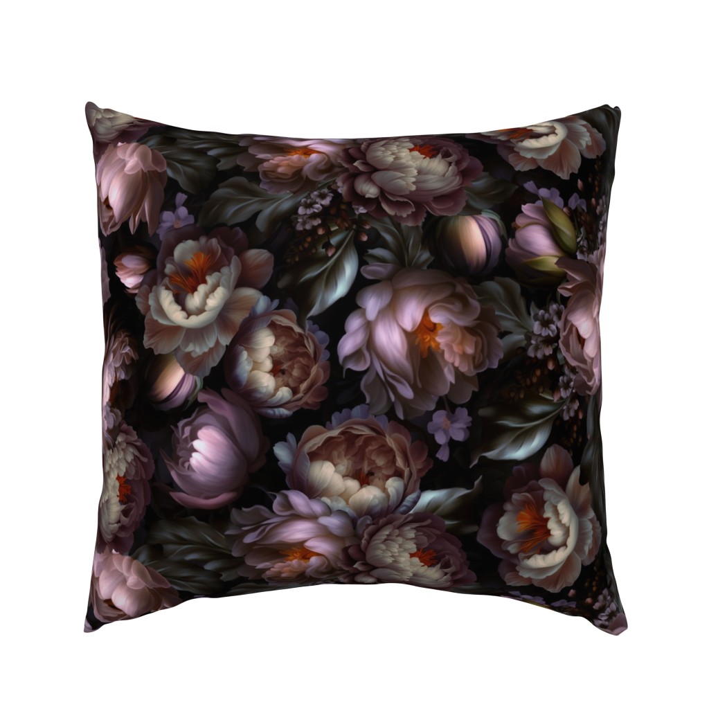 Baroque burgundy bold moody floral flower garden with english roses, bold peonies, lush antiqued flemish flowers