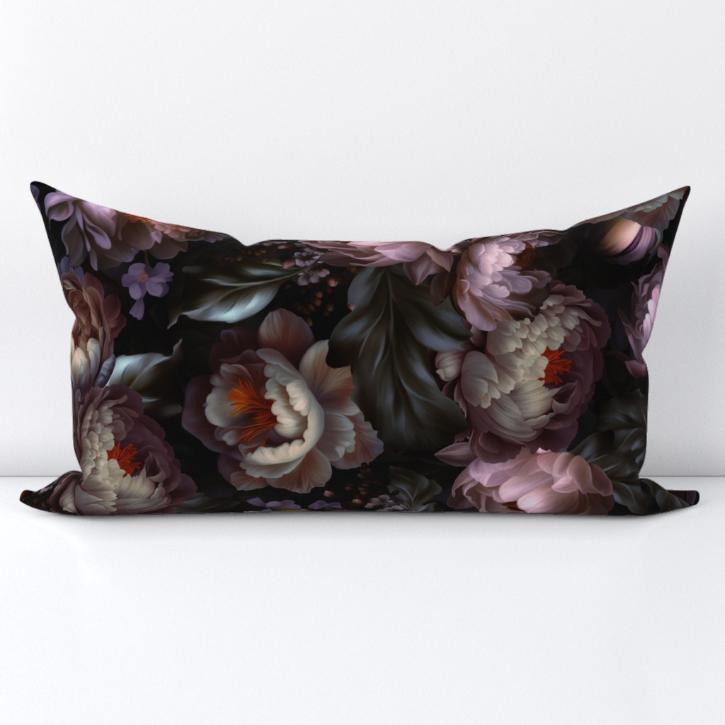 Baroque burgundy bold moody floral flower garden with english roses, bold peonies, lush antiqued flemish flowers