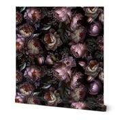 Baroque burgundy bold moody floral flower garden with english roses, bold peonies, lush antiqued flemish flowers