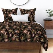 Baroque bold moody floral flower garden with english roses, bold peonies, lush antiqued flemish  flowers