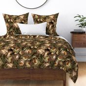 Baroque bold moody floral flower garden with english roses, bold peonies, lush antiqued flemish flowers