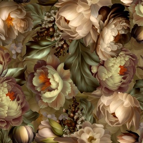 Baroque bold moody floral flower garden with english roses, bold peonies, lush antiqued flemish flowers