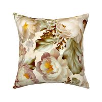 Baroque bold moody floral flower garden with english roses, bold peonies, lush antiqued flemish flowers ice white