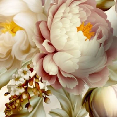 Baroque bold moody floral flower garden with english roses, bold peonies, lush antiqued flemish flowers ice white