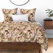 Baroque bold moody floral flower garden with english roses, bold peonies, lush antiqued flemish flowers sepia 