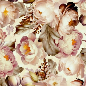 Baroque bold moody floral flower garden with english roses, bold peonies, lush antiqued flemish flowers sepia 