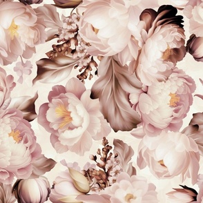 Baroque bold moody floral flower garden with english roses, bold peonies, lush antiqued flemish flowers blush sepia 