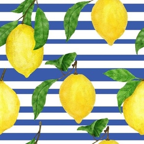 Yellow Lemons on Blue and White Striped Background
