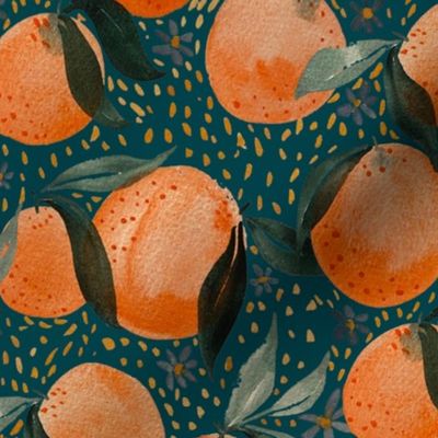 Oranges in watercolor dark teal, medium, botanical