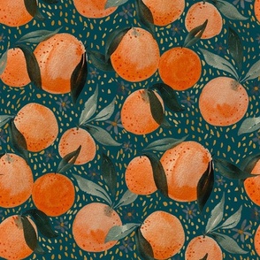 Oranges in watercolor dark teal, medium, botanical