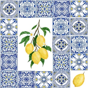 Yellow Lemons on Blue Azulejo Tiles Background