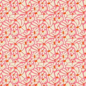 Retro Whimsy Daisy- Flower Power on Pink - Orange Eggshell Floral- Small Scale