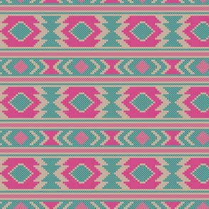 Ethno cross stitch embroidery aqua pink on beige 