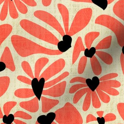 Retro Whimsy Heart Daisy- Flower Power on Eggshell - Coral Floral- Regular Scale