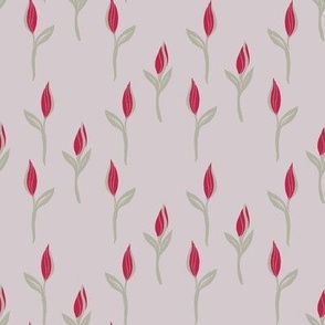 Country Farmhouse Block Print Tulips magenta red and sage green on lilac purple