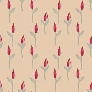 French Country Tulips Block Print in magenta red, sage green, and cottage beige