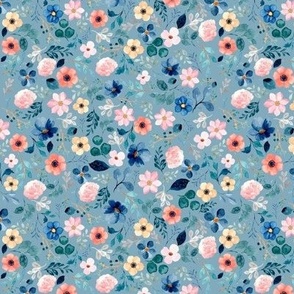Watercolor Blue Tone Floral on Blue Small
