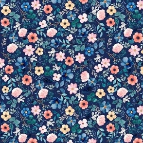 Watercolor Blue Tone Floral on Navy Small