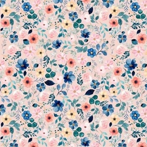 Watercolor Blue Tone Floral on Pink Small