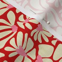 Retro Whimsy Heart Daisy- Flower Power on Red - Eggshell Pink Floral- Small Scale
