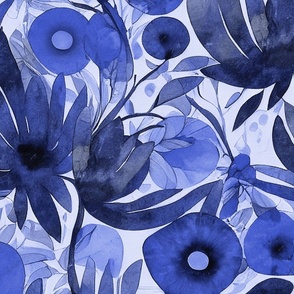 Abstract Watercolor Flower Pattern in Royal Blue