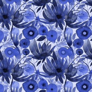 Abstract Watercolor Flower Pattern in Royal Blue Smaller Scale