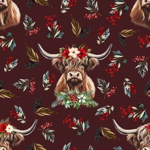 Christmas floral highland cow on maroon