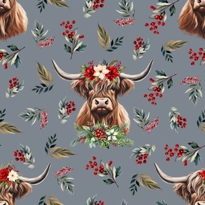 Christmas floral Highland cow on stone blue