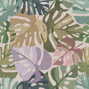 Painted Tropical Leaves in Muted Jewel Tones on light grey-beige