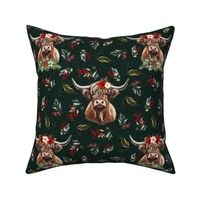 Christmas floral highland cow on monstera green linen