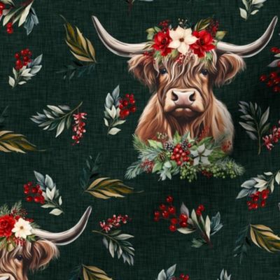 Christmas floral highland cow on monstera green linen