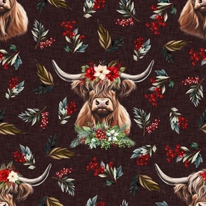 Christmas floral highland cow on maroon linen texture