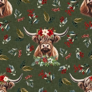 Christmas floral highland cow on dirty lime linen texture