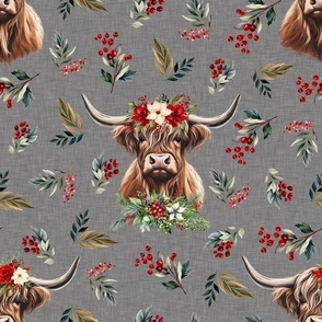  Christmas floral highland cow on light gray linen