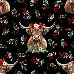 Christmas floral highland cow on black