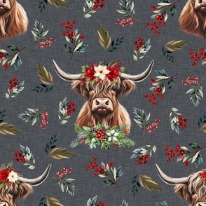 Christmas floral highland cow on stone gray linen texture