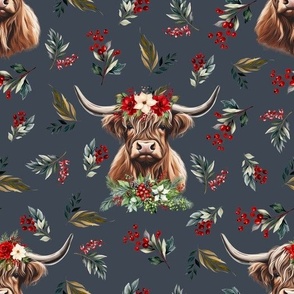 Christmas floral highland cow on charcoal