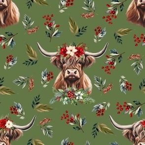 Christmas floral highland cow on dirty lime