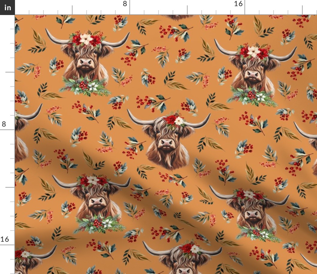 Christmas floral highland cow on orange