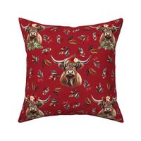 Christmas floral highland cow on rasberry