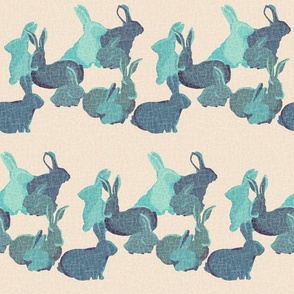 Loving Family Rabbits - Teal Green on soft Yellow