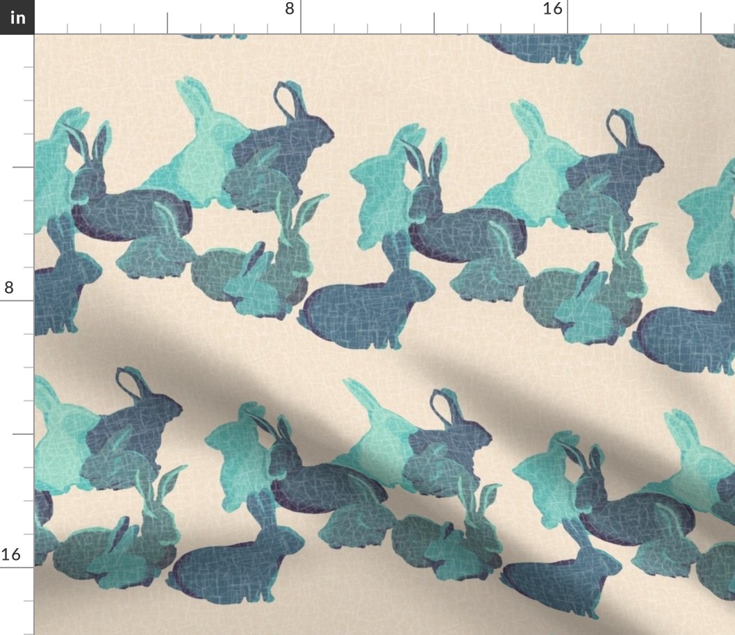 Loving Family Rabbits - Teal Green on soft Yellow