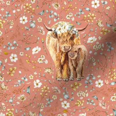 9" patch rustic botanicals highland cow on copper with floral crown