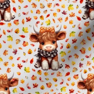 4" Fall baby highland cow with a scarf leaves on light gray