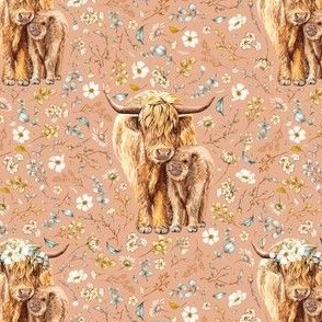 2.5" rustic botanicals highland cow on peach nougat background