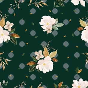 magnolia scattered on monstera green with eucalyptus dots